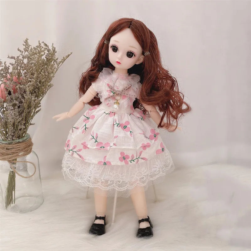 30cm Bjd Doll 12 Moveable Joints 1/6 Girl's Dress 3D Brown Eyes Toy