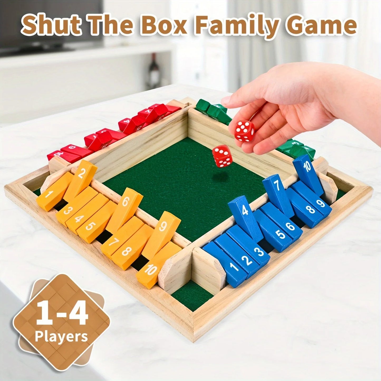 Classic 4 Sided Wooden Board Game With 2 Dice And Shut-The-Box