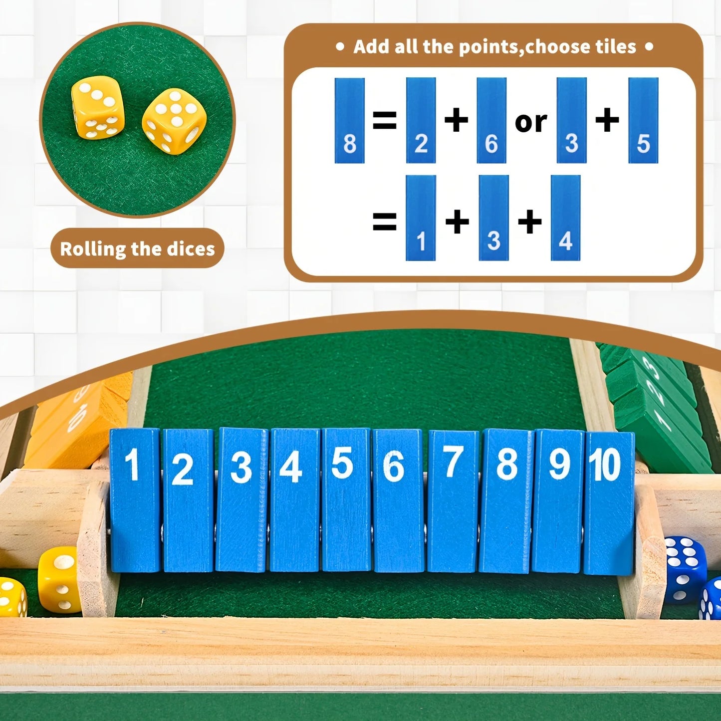 Classic 4 Sided Wooden Board Game With 2 Dice And Shut-The-Box