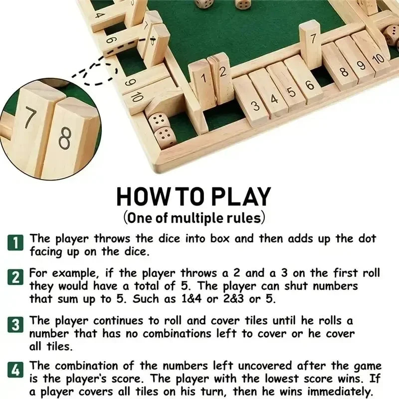 Deluxe Four Sided 10 Numbers Shut The Box Board Game