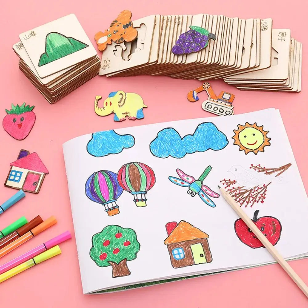 Montessori Kids Drawing Toys Wooden Painting Stencils Template Craft Toys