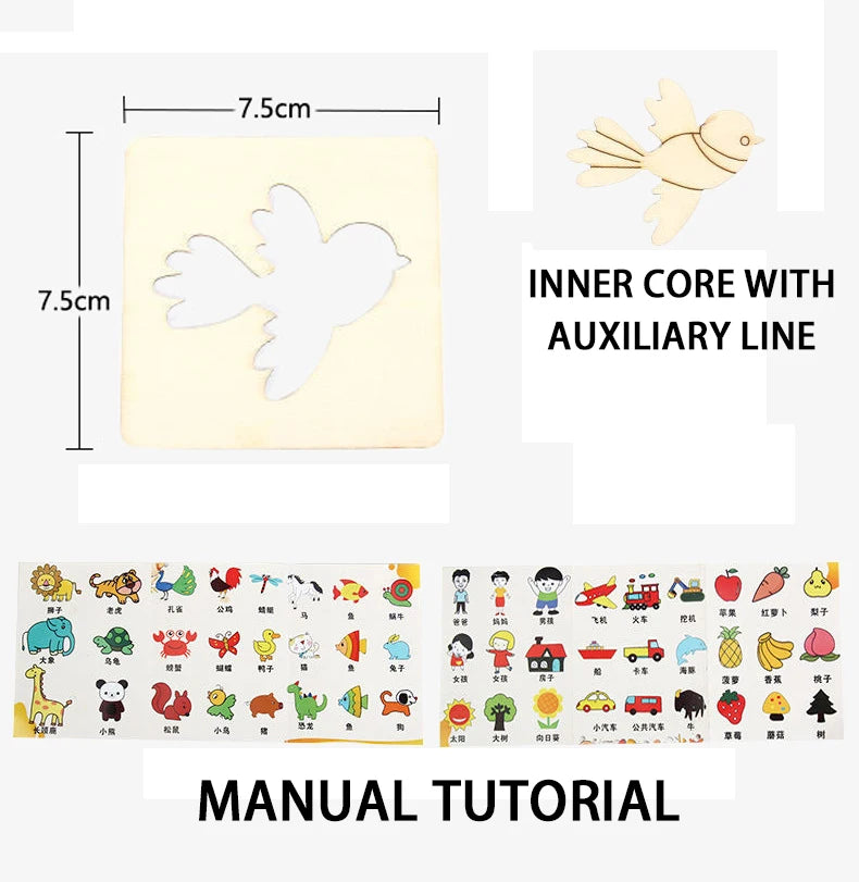 Montessori Kids Drawing Toys Wooden Painting Stencils Template Craft Toys