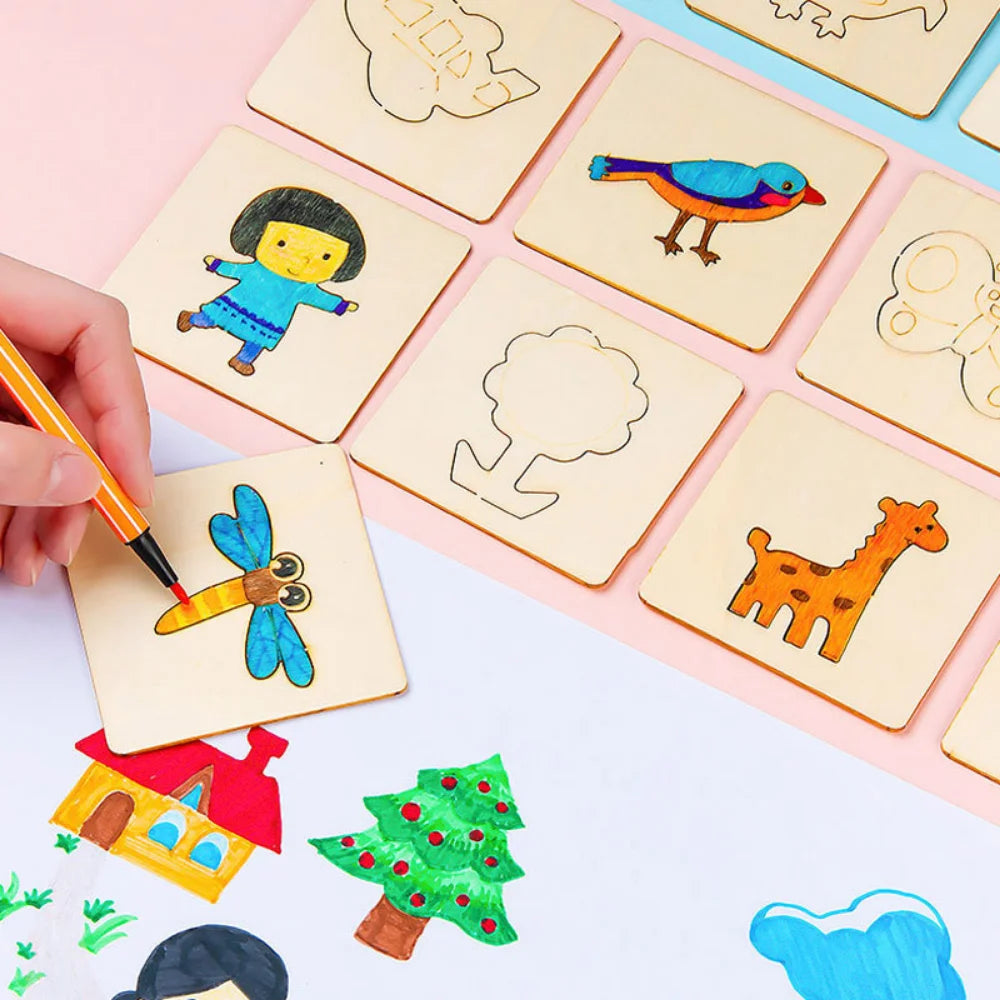 Montessori Kids Drawing Toys Wooden Painting Stencils Template Craft Toys