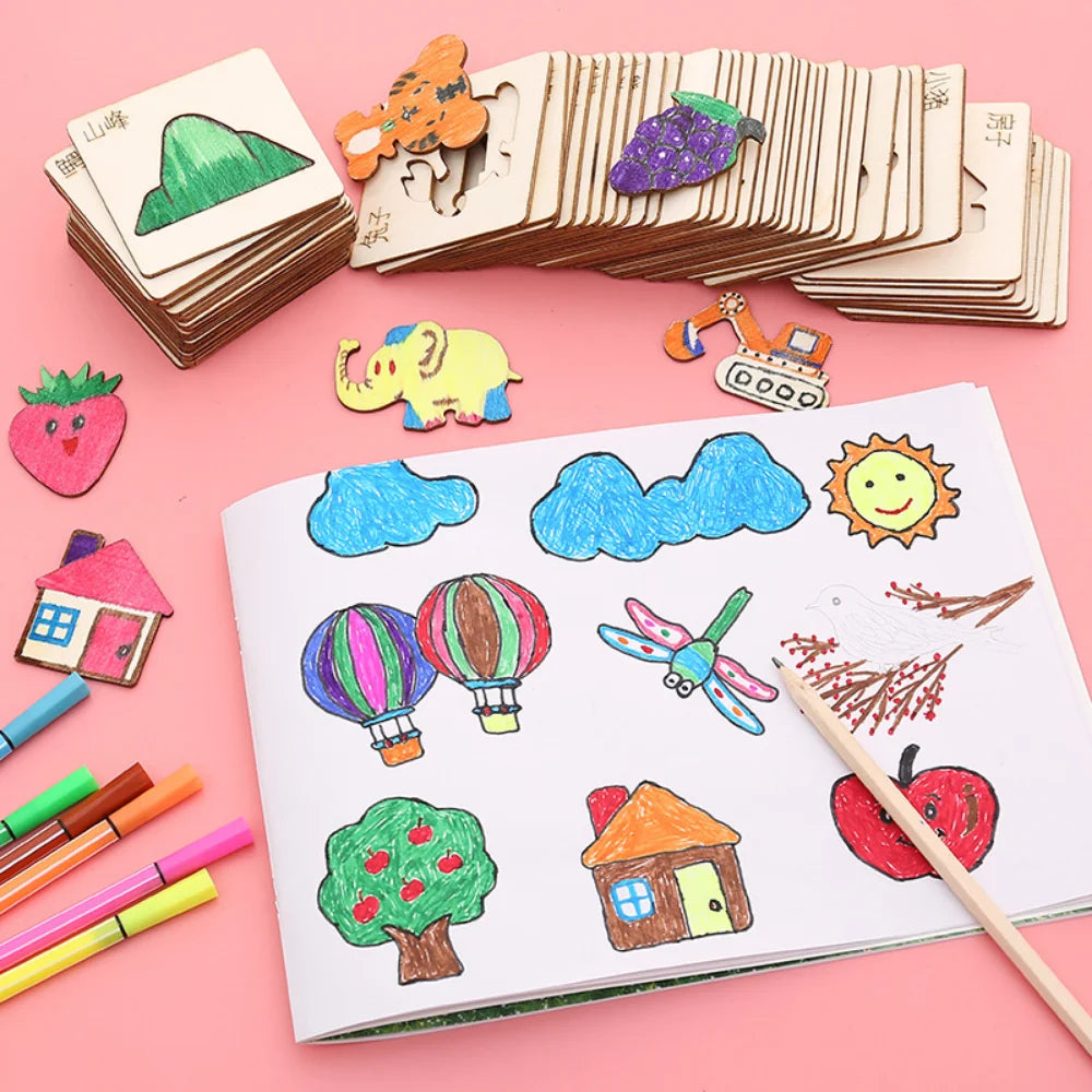Montessori Kids Drawing Toys Wooden Painting Stencils Template Craft Toys