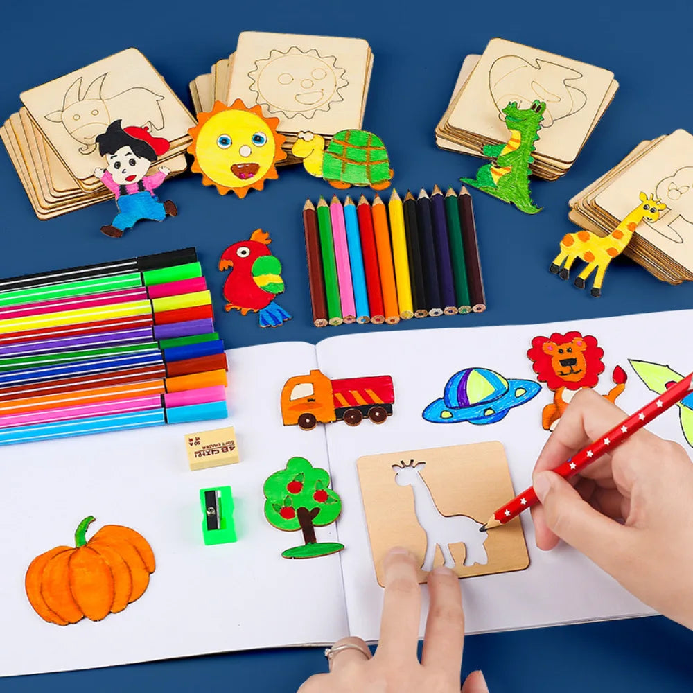 Montessori Kids Drawing Toys Wooden Painting Stencils Template Craft Toys