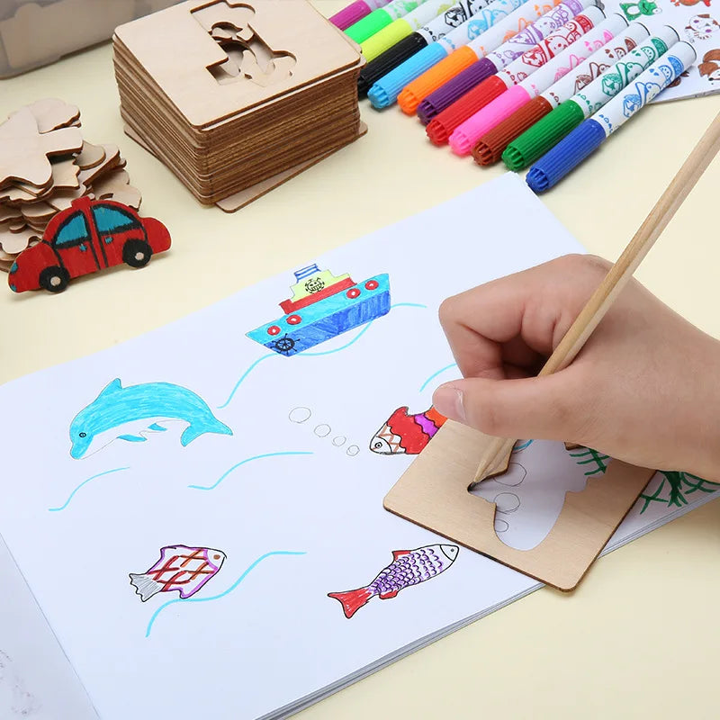 Montessori Kids Drawing Toys Wooden Painting Stencils Template Craft Toys