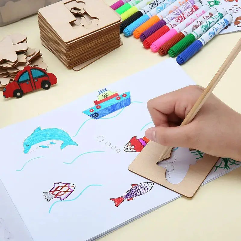 Montessori Kids Drawing Toys Wooden Painting Stencils Template Craft Toys