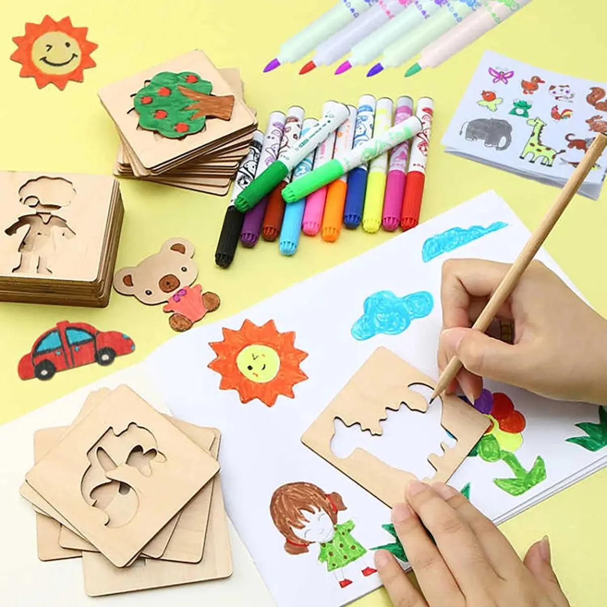 Montessori Kids Drawing Toys Wooden Painting Stencils Template Craft Toys