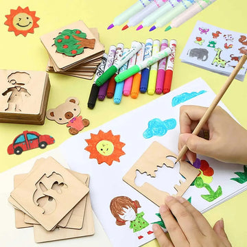 Montessori Kids Drawing Toys Wooden Painting Stencils Template Craft Toys
